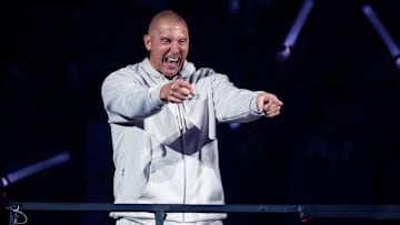 Oct 11, 2025; Lexington, KY, USA; Kentucky Wildcats head coach Mark Pope is introduced during Big Blue Madness at Rupp Arena at Central Bank Center. Mandatory Credit: Jordan Prather-Imagn Images