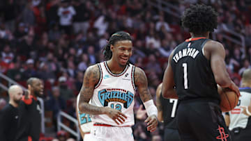 Jan 13, 2025; Houston, Texas, USA; Memphis Grizzlies guard Ja Morant (12) smiles after a play during the second quarter against the Houston Rockets at Toyota Center. Mandatory Credit: Troy Taormina-Imagn Images