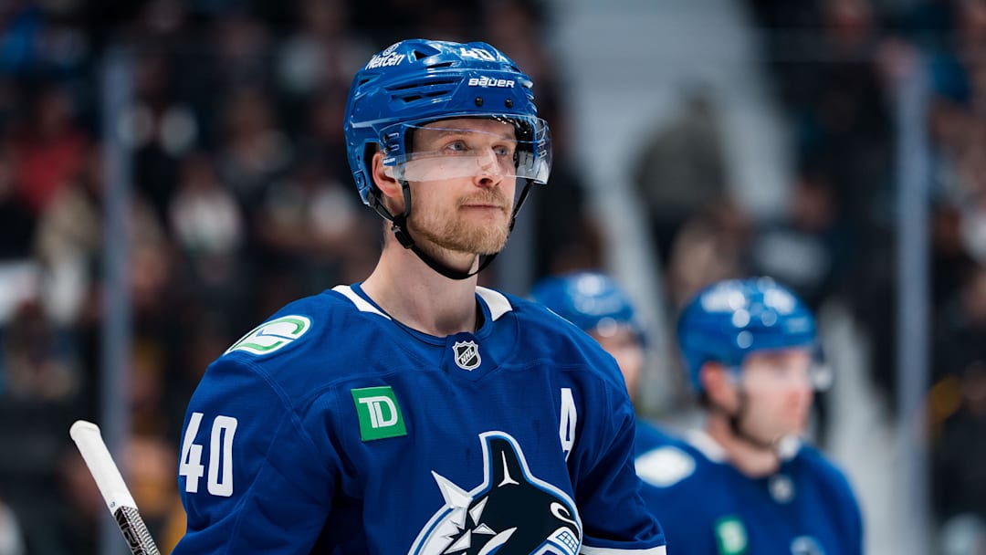 Apr 14, 2026; Vancouver, British Columbia, CAN; Vancouver Canucks forward Elias Pettersson (40) during a stop in play against the Los Angeles Kings in the third period at Rogers Arena. Mandatory Credit: Bob Frid-Imagn Images