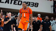 Oklahoma State Cowboys guard Bryce Thompson (1) celebrates after making a basket during a college basketball game between the Oklahoma State Cowboys (OSU) and the Green Bay Phoenix at Gallagher-Iba Arena in Stillwater, Okla., Monday, Nov. 4, 2024.