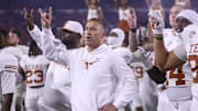 Nov 15, 2025; Athens, Georgia, USA; Texas Longhorns head coach Steve Sarkisian and team gesture after the game against the Georgia Bulldogs at Sanford Stadium. Mandatory Credit: Brett Davis-Imagn Images