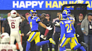 Dec 28, 2024; Inglewood, California, USA; Los Angeles Rams cornerback Ahkello Witherspoon (4) celebrates after an interception in the end zone against the Arizona Cardinals in the fourth quarter at SoFi Stadium. Mandatory Credit: Jayne Kamin-Oncea-Imagn Images