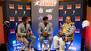 July 21, 2022; Birmingham, AL, USA; Defensive back and wide receiver Travis Hunter and quarterback Shedeur Sanders talk to Roland Martin during the Southwestern Athletic Conference Media Day at the Sheraton Birmingham. Gary Cosby Jr.-The Tuscaloosa News

Swac Media Day