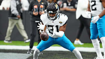 Dec 22, 2024; Paradise, Nevada, USA; Jacksonville Jaguars running back Keilan Robinson (31) warms up before a game against the Las Vegas Raiders at Allegiant Stadium. Mandatory Credit: Stephen R. Sylvanie-Imagn Images