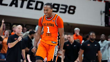 Oklahoma State Cowboys guard Bryce Thompson (1) celebrates after making a basket during a college basketball game between the Oklahoma State Cowboys (OSU) and the Green Bay Phoenix at Gallagher-Iba Arena in Stillwater, Okla., Monday, Nov. 4, 2024.