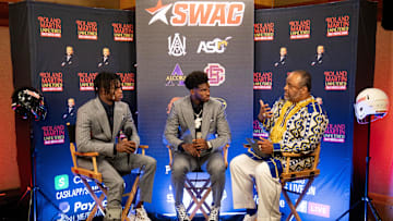 July 21, 2022; Birmingham, AL, USA; Defensive back and wide receiver Travis Hunter and quarterback Shedeur Sanders talk to Roland Martin during the Southwestern Athletic Conference Media Day at the Sheraton Birmingham. Gary Cosby Jr.-The Tuscaloosa News

Swac Media Day