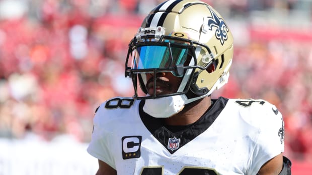 New Orleans Saints safety J.T. Gray against the Tampa Bay Buccaneers prior to the game at Raymond James Stadium.