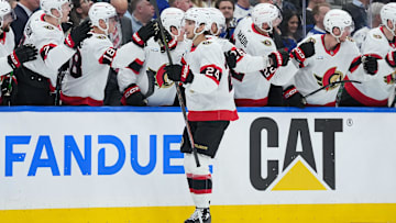 Apr 29, 2025; Toronto, Ontario, CAN; Ottawa Senators center Dylan Cozens (24) celebrates after scoring a goal against the Toronto Maple Leafs in the third period during game five of the first round of the 2025 Stanley Cup Playoffs at Scotiabank Arena. Mandatory Credit: Nick Turchiaro-Imagn Images