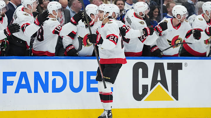 Apr 29, 2025; Toronto, Ontario, CAN; Ottawa Senators center Dylan Cozens (24) celebrates after scoring a goal against the Toronto Maple Leafs in the third period during game five of the first round of the 2025 Stanley Cup Playoffs at Scotiabank Arena. Mandatory Credit: Nick Turchiaro-Imagn Images