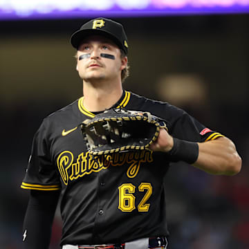 Apr 24, 2025; Anaheim, California, USA; Pittsburgh Pirates first baseman Matt Gorski (62) looks on during the fourth inning against the Los Angeles Angels at Angel Stadium. Mandatory Credit: Kiyoshi Mio-Imagn Images