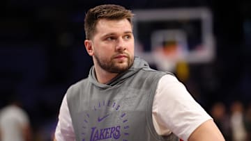 Apr 22, 2025; Los Angeles, California, USA; Los Angeles Lakers guard Luka Doncic (77) looks on before a game two of first round for the 2024 NBA Playoffs against the Minnesota Timberwolves at Crypto.com Arena. Mandatory Credit: Kiyoshi Mio-Imagn Images