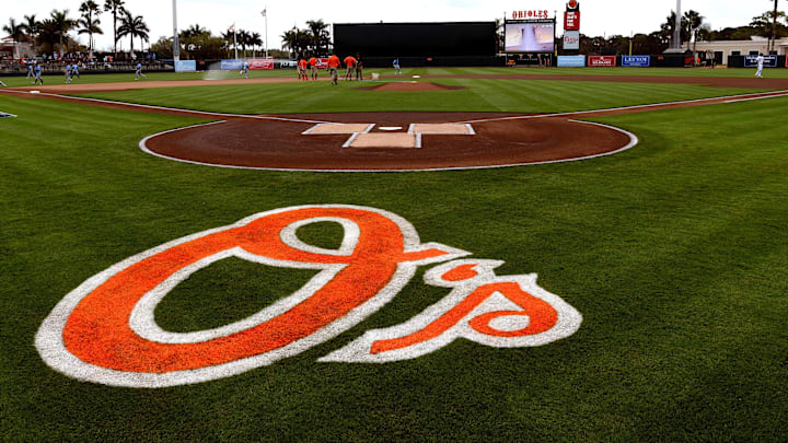 Feb 23, 2018; Sarasota, FL, USA; View of the Baltimore Orioles logo on the field before the start of the spring training game against the Tampa Bay Rays at Ed Smith Stadium. Mandatory Credit: Jonathan Dyer-Imagn Images