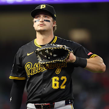 Apr 24, 2025; Anaheim, California, USA; Pittsburgh Pirates first baseman Matt Gorski (62) looks on during the fourth inning against the Los Angeles Angels at Angel Stadium. Mandatory Credit: Kiyoshi Mio-Imagn Images