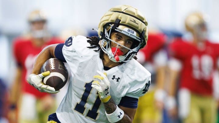 Notre Dame wide receiver KK Smith participates in a drill during a Notre Dame football practice at Irish Athletic Center on Thursday, Aug. 15, 2024, in South Bend.