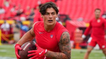Aug 22, 2024; Kansas City, Missouri, USA; Kansas City Chiefs running back Louis Rees-Zammit (9) warms up against the Chicago Bears prior to a game at GEHA Field at Arrowhead Stadium.