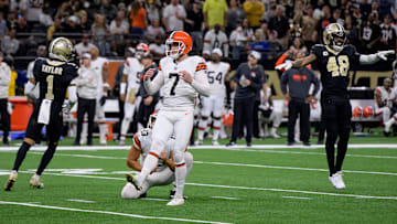 Nov 17, 2024; New Orleans, Louisiana, USA; Cleveland Browns place kicker Dustin Hopkins (7) and punter Corey Bojorquez (13) and New Orleans Saints safety J.T. Gray (48) react after a missed field goal during the second quarter at Caesars Superdome. Mandatory Credit: Matthew Hinton-Imagn Images