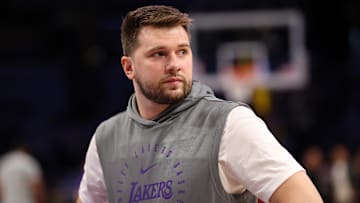 Apr 22, 2025; Los Angeles, California, USA; Los Angeles Lakers guard Luka Doncic (77) looks on before a game two of first round for the 2024 NBA Playoffs against the Minnesota Timberwolves at Crypto.com Arena. Mandatory Credit: Kiyoshi Mio-Imagn Images