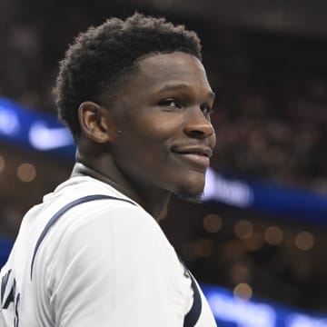 Jul 10, 2024; Las Vegas, Nevada, USA; USA guard Anthony Edwards (5) looks on in the fourth quarter against Canada in the USA Basketball Showcase at T-Mobile Arena. Mandatory Credit: Candice Ward-USA TODAY Sports