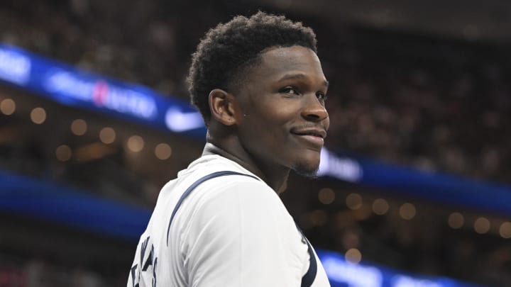 Jul 10, 2024; Las Vegas, Nevada, USA; USA guard Anthony Edwards (5) looks on in the fourth quarter against Canada in the USA Basketball Showcase at T-Mobile Arena. Mandatory Credit: Candice Ward-USA TODAY Sports