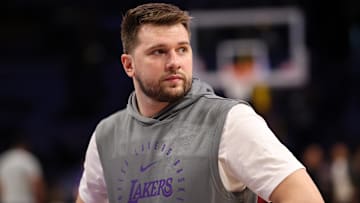 Apr 22, 2025; Los Angeles, California, USA; Los Angeles Lakers guard Luka Doncic (77) looks on before a game two of first round for the 2024 NBA Playoffs against the Minnesota Timberwolves at Crypto.com Arena. Mandatory Credit: Kiyoshi Mio-Imagn Images