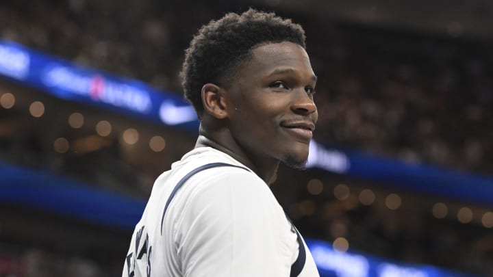 Jul 10, 2024; Las Vegas, Nevada, USA; USA guard Anthony Edwards (5) looks on in the fourth quarter against Canada in the USA Basketball Showcase at T-Mobile Arena.