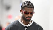 Oct 12, 2025; Pittsburgh, Pennsylvania, USA; Cleveland Browns quarterback Shedeur Sanders (12) arrives for a game against the Pittsburgh Steelers at Acrisure Stadium. Mandatory Credit: Barry Reeger-Imagn Images