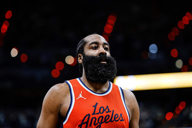 Los Angeles Clippers guard James Harden in the third quarter against the Denver Nuggets in the playoffs.