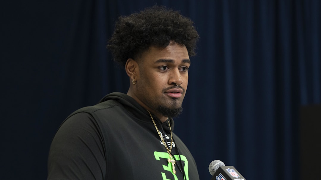 Mar 1, 2025; Indianapolis, IN, USA; Ohio State University offensive lineman Josh Simmons (OL37) answers questions at a press conference during the 2025 NFL Combine at Indiana Convention Center. Mandatory Credit: Jacob Musselman-Imagn Images