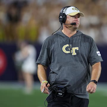 Aug 31, 2024; Atlanta, Georgia, USA; Georgia Tech Yellow Jackets head coach Brent Key on the sideline against Georgia State Panthers in the first quarter at Bobby Dodd Stadium at Hyundai Field. Mandatory Credit: Brett Davis-Imagn Images