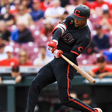 May 16, 2025; Cincinnati, Ohio, USA; Cincinnati Reds outfielder Will Benson (30) hits a three-run home run in the second inning against the Cleveland Guardians at Great American Ball Park. Mandatory Credit: Katie Stratman-Imagn Images