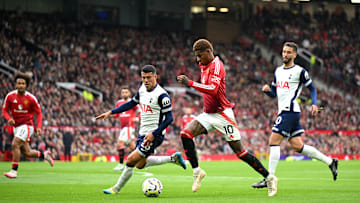 Pedro Porro in action vs Manchester United at Old Trafford in Setember 