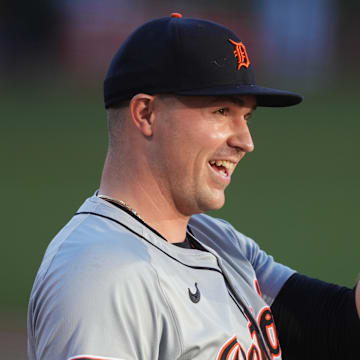 Sep 6, 2024; Oakland, California, USA; Detroit Tigers starting pitcher Tarik Skubal (29) gestures before the game against the Oakland Athletics at Oakland-Alameda County Coliseum. 