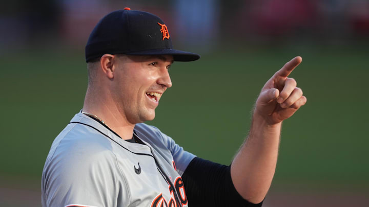 Sep 6, 2024; Oakland, California, USA; Detroit Tigers starting pitcher Tarik Skubal (29) gestures before the game against the Oakland Athletics at Oakland-Alameda County Coliseum. 