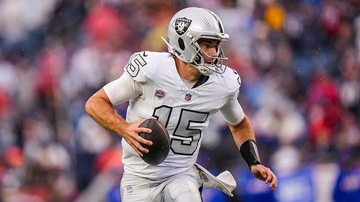Oct 11, 2026; Foxborough, Massachusetts, USA; Las Vegas Raiders quarterback Fernando Mendoza (15) runs the ball against the New England Patriots in the second half quarter at Gillette Stadium. Mandatory Credit: David Butler II-Imagn Images