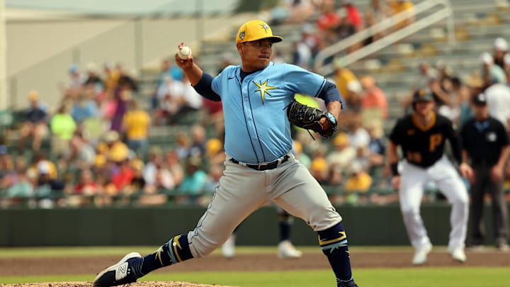 Bradenton, Florida, USA; Tampa Bay Rays pitcher Erasmo Ramirez (61) throws a pitch during the second inning against the Pittsburgh Pirates at LECOM Park. Bradenton, Florida, USA; Tampa Bay Rays pitcher Erasmo Ramirez (61) throws a pitch during the second inning against the Pittsburgh Pirates at LECOM Park.