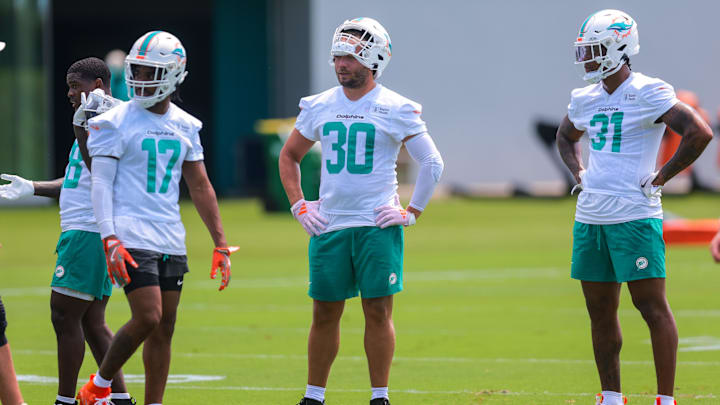 Miami Dolphins fullback Alec Ingold (30) looks on during mandatory minicamp at Hard Rock Stadium. Miami Dolphins fullback Alec Ingold (30) looks on during mandatory minicamp at Hard Rock Stadium.