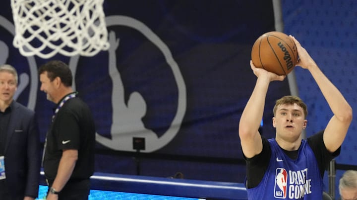 Cooper Flagg participates in the 2025 NBA Draft Combine at Wintrust Arena. Cooper Flagg participates in the 2025 NBA Draft Combine at Wintrust Arena.