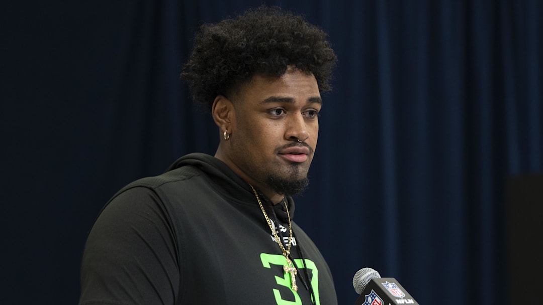 Mar 1, 2025; Indianapolis, IN, USA; Ohio State University offensive lineman Josh Simmons (OL37) answers questions at a press conference during the 2025 NFL Combine at Indiana Convention Center. Mandatory Credit: Jacob Musselman-Imagn Images