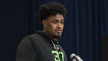 Mar 1, 2025; Indianapolis, IN, USA; Ohio State University offensive lineman Josh Simmons (OL37) answers questions at a press conference during the 2025 NFL Combine at Indiana Convention Center. Mandatory Credit: Jacob Musselman-Imagn Images