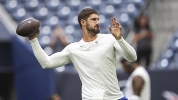 Aug 17, 2024; Houston, Texas, USA; New York Giants quarterback Daniel Jones (8) warms up before the game against the Houston Texans at NRG Stadium. Mandatory Credit: Troy Taormina-USA TODAY Sports
