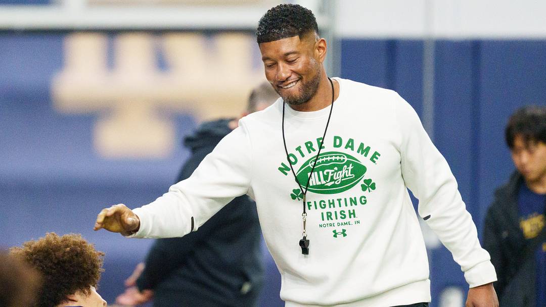 Head coach Marcus Freeman greets players during a Notre Dame football practice at Irish Athletic Center on Saturday, April 18, 2026, in South Bend.