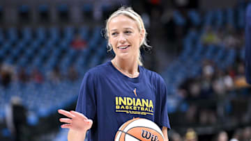 Aug 1, 2025; Dallas, Texas, USA; Indiana Fever guard Sophie Cunningham (8) warms up before the game against the Dallas Wings at the American Airlines Center. Mandatory Credit: Jerome Miron-Imagn Images
