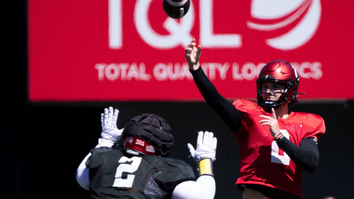 Cincinnati Bearcats quarterback Brendan Sorsby (2) throws a pass during the University of Cincinnati annual Red and Black Spring football game and practice at Nippert Stadium in Cincinnati on Saturday, April 13, 2024.