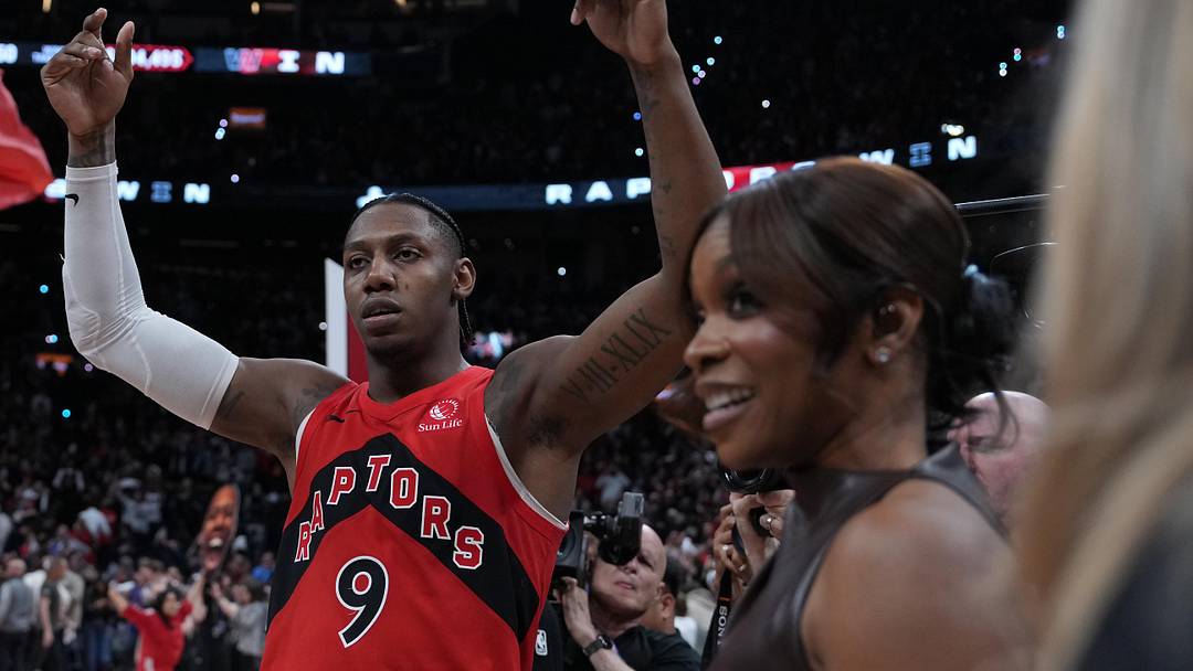 May 1, 2026; Toronto, Ontario, CAN; Toronto Raptors forward RJ Barrett (9) celebrates after scoring the winning basket against the Cleveland Cavaliers during the overtime period  in game six of the first round of the 2026 NBA Playoffs at Scotiabank Arena. Mandatory Credit: Nick Turchiaro-Imagn Images