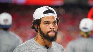 Aug 22, 2024; Kansas City, Missouri, USA; Chicago Bears quarterback Caleb Williams (18) on the sidelines against the Kansas City Chiefs during the game at GEHA Field at Arrowhead Stadium. Mandatory Credit: Denny Medley-USA TODAY Sports