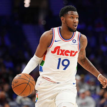Apr 5, 2025; Philadelphia, Pennsylvania, USA; Philadelphia 76ers forward Justin Edwards (19) controls the ball against the Minnesota Timberwolves in the first quarter at Wells Fargo Center. Mandatory Credit: Kyle Ross-Imagn Images