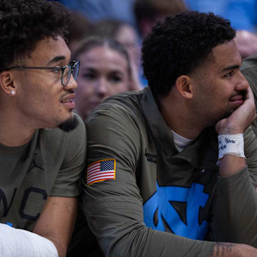 Nov 11, 2025; Chapel Hill, North Carolina, USA; North Carolina Tar Heels guard Seth Trimble (7) looks on from the bench after getting injured before the game against the Radford Highlanders at Dean E. Smith Center. 
