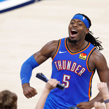 Jun 22, 2025; Oklahoma City, Oklahoma, USA; Oklahoma City Thunder guard Luguentz Dort (5) celebrates after a play against the Indiana Pacers during game seven of the 2025 NBA Finals at Paycom Center. Mandatory Credit: Alonzo Adams-Imagn Images