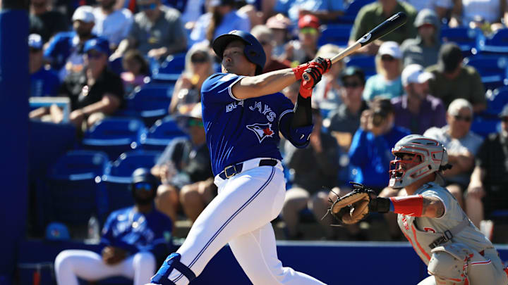 Feb 21, 2026; Dunedin, Florida, USA;  Toronto Blue Jays infielder Kazuma Okamoto (7) at bat during the fourth inning against the Philadelphia Phillies at TD Ballpark. Mandatory Credit: Kim Klement Neitzel-Imagn Images