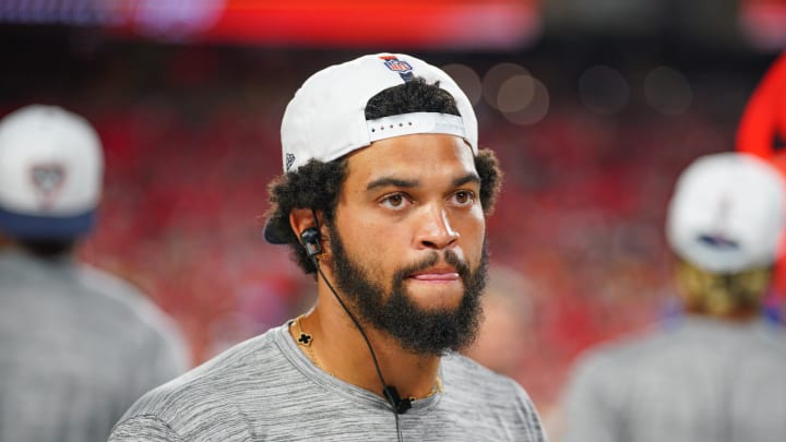 Aug 22, 2024; Kansas City, Missouri, USA; Chicago Bears quarterback Caleb Williams (18) on the sidelines against the Kansas City Chiefs during the game at GEHA Field at Arrowhead Stadium. Mandatory Credit: Denny Medley-USA TODAY Sports